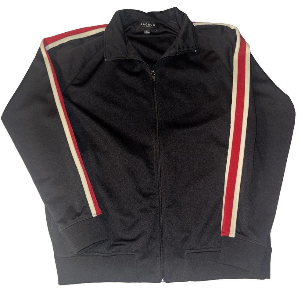 PacSun Track Jacket Mens Medium Black Red Full Zip Retro Athletic Stripe Zip Up